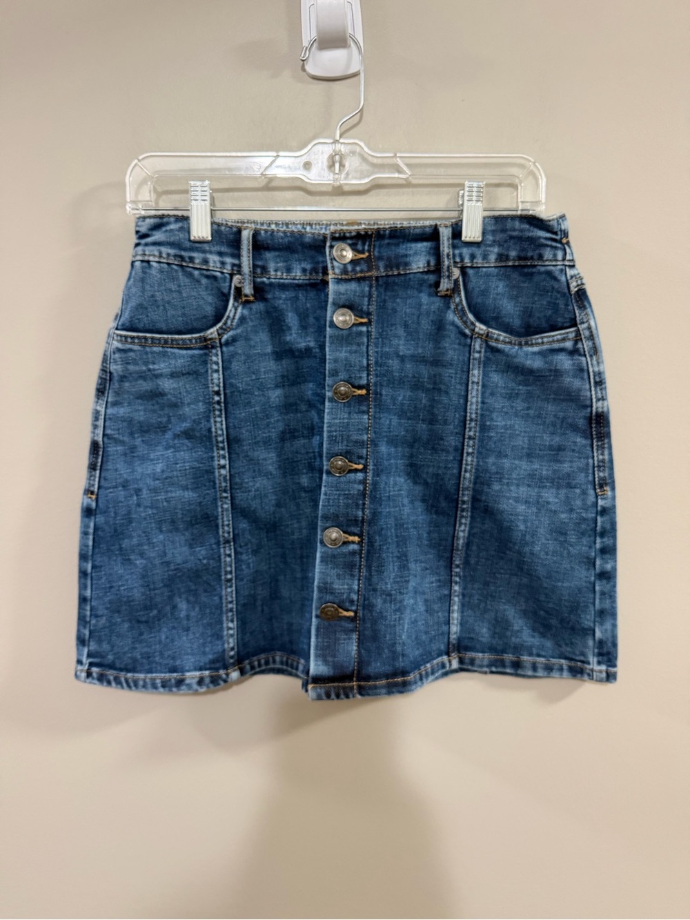 aerie Denim Button-Front Mini Skirt in Medium Blue.  Size M